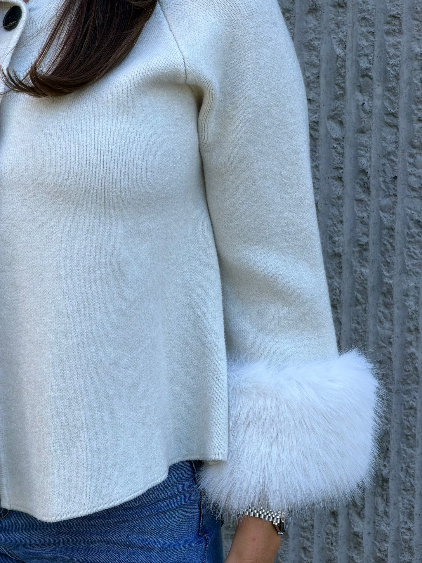 Fur Cuff Jacket- Ivory