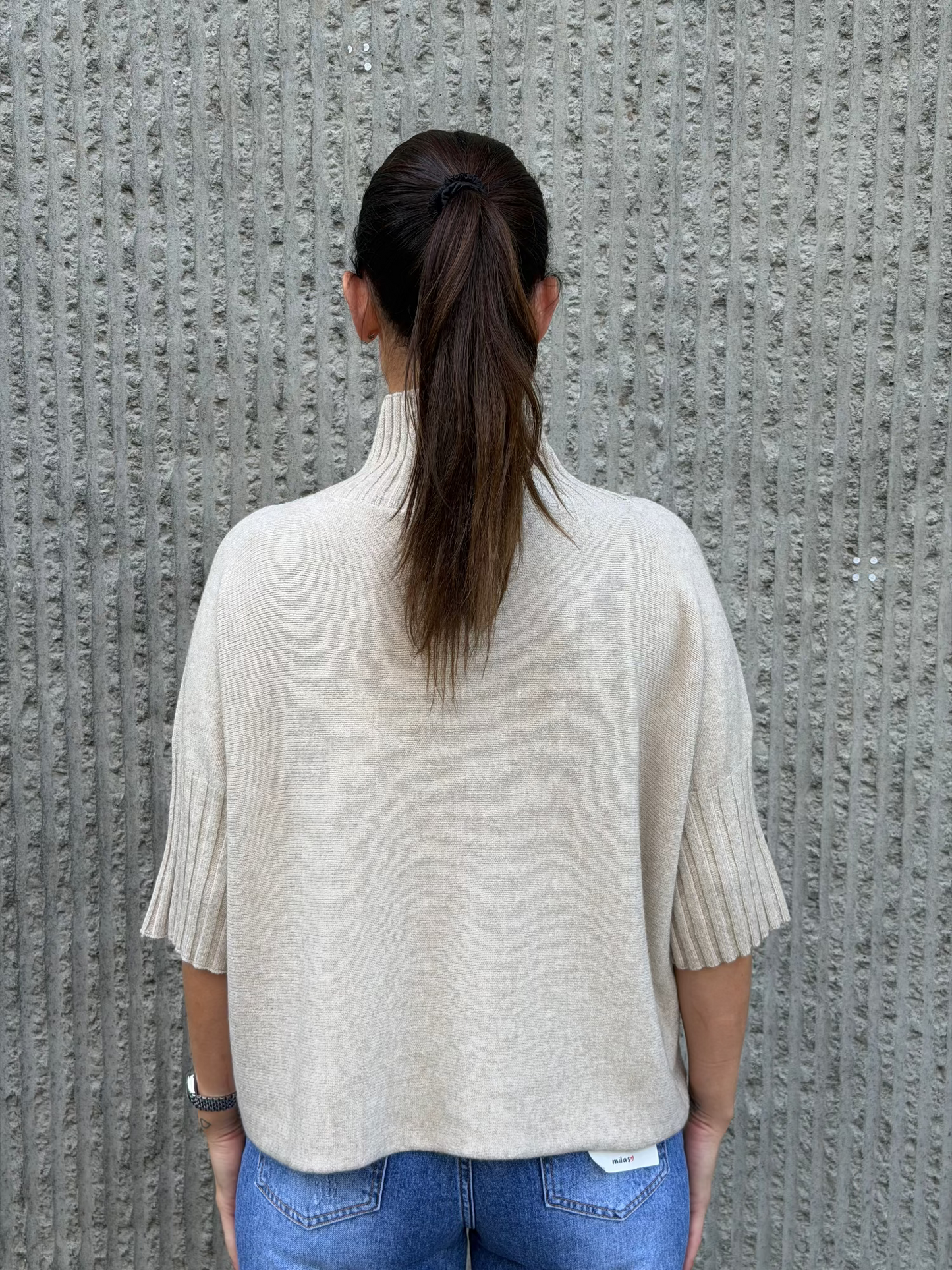 High Neck Knit 3/4 Sleeve- Beige