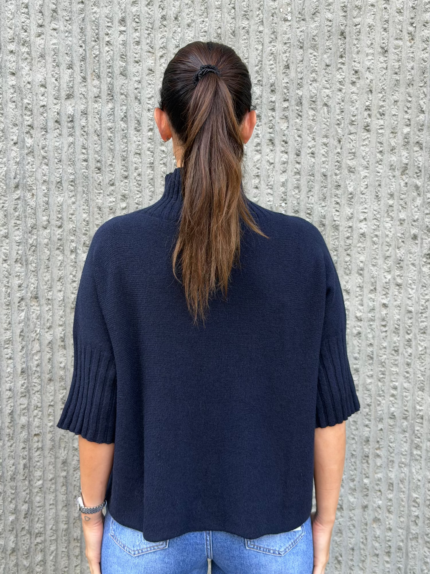 High Neck Knit 3/4 Sleeve- Navy