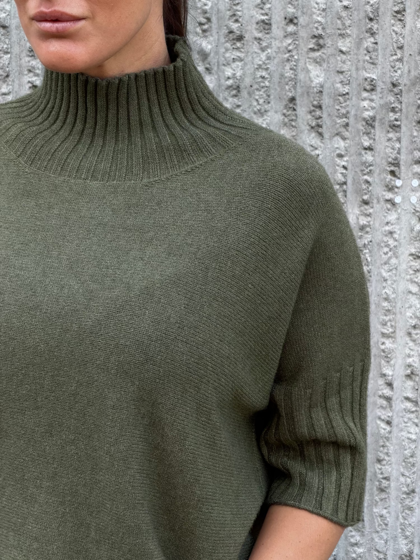 High Neck Knit 3/4 Sleeve- Khaki