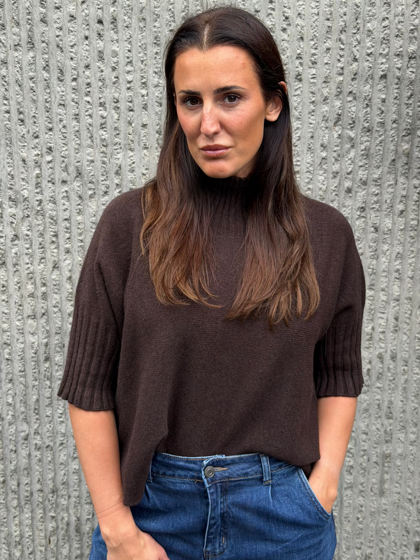 High Neck Knit 3/4 Sleeve- Dark Brown