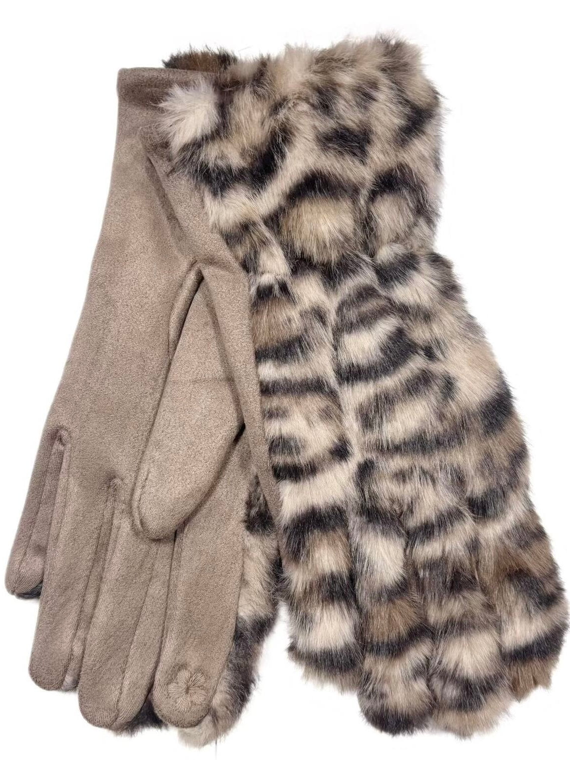Leopard Faux Fur Gloves – Taupe