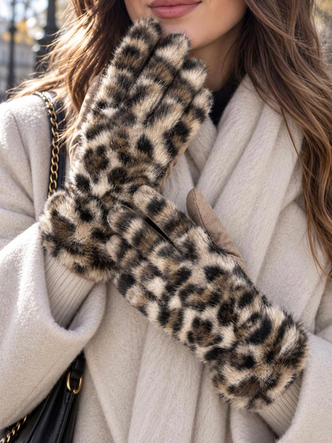 Leopard Faux Fur Gloves – Taupe