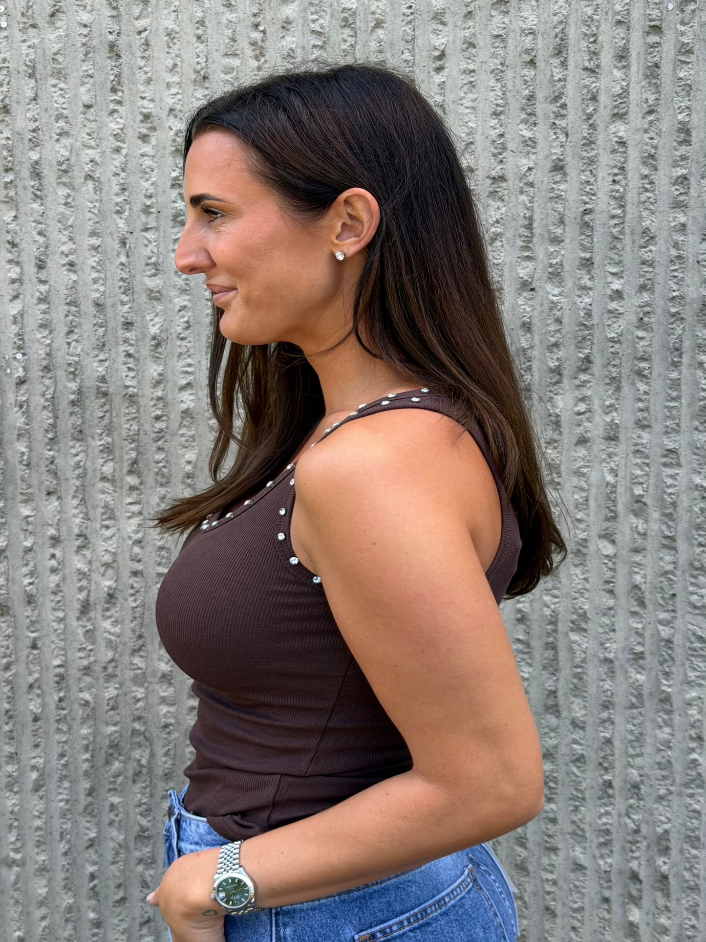 Livia Rhinestone Top- Brown