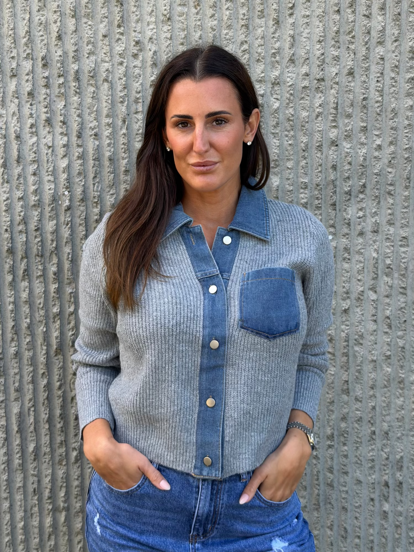 Denim Detail Cardigan- Grey