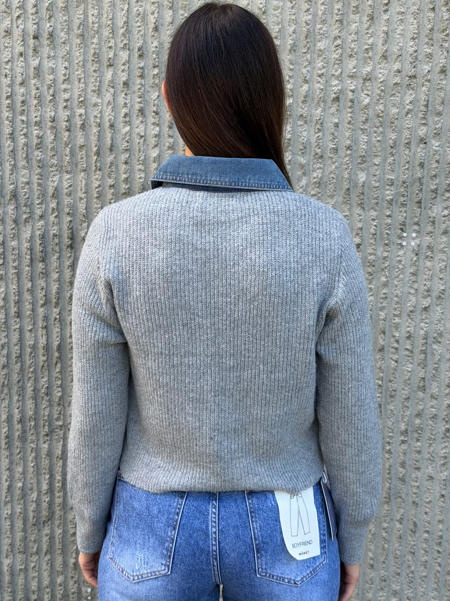 Denim Detail Cardigan- Grey