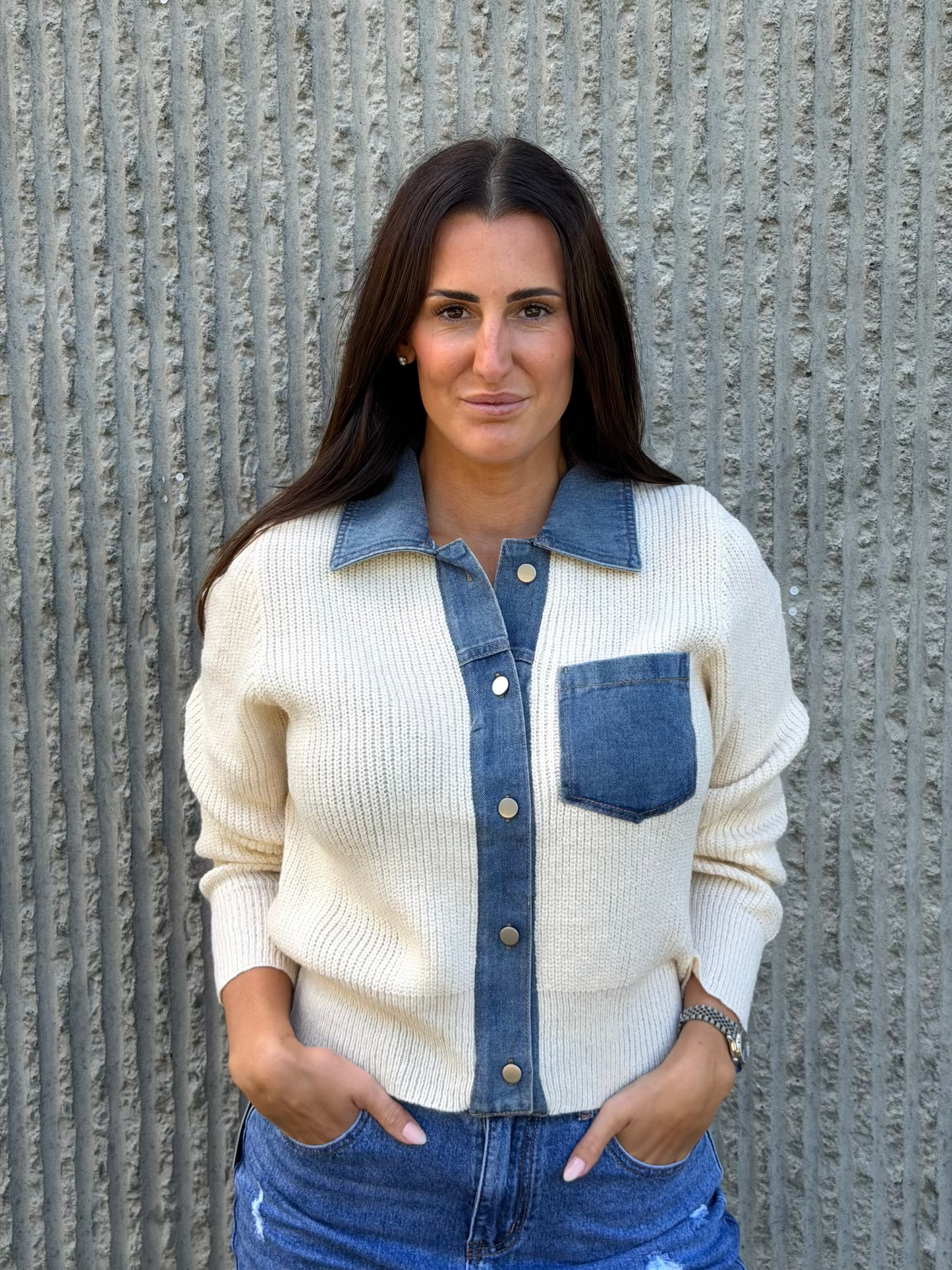 Denim Detail Cardigan- Off White