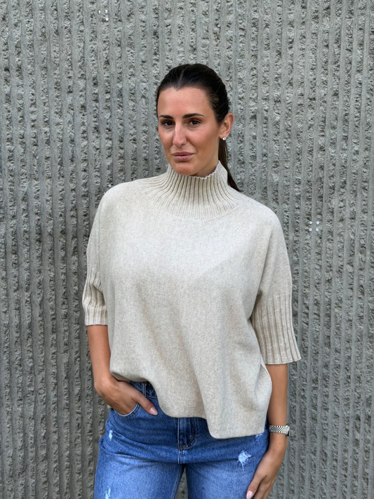 High Neck Knit 3/4 Sleeve- Beige