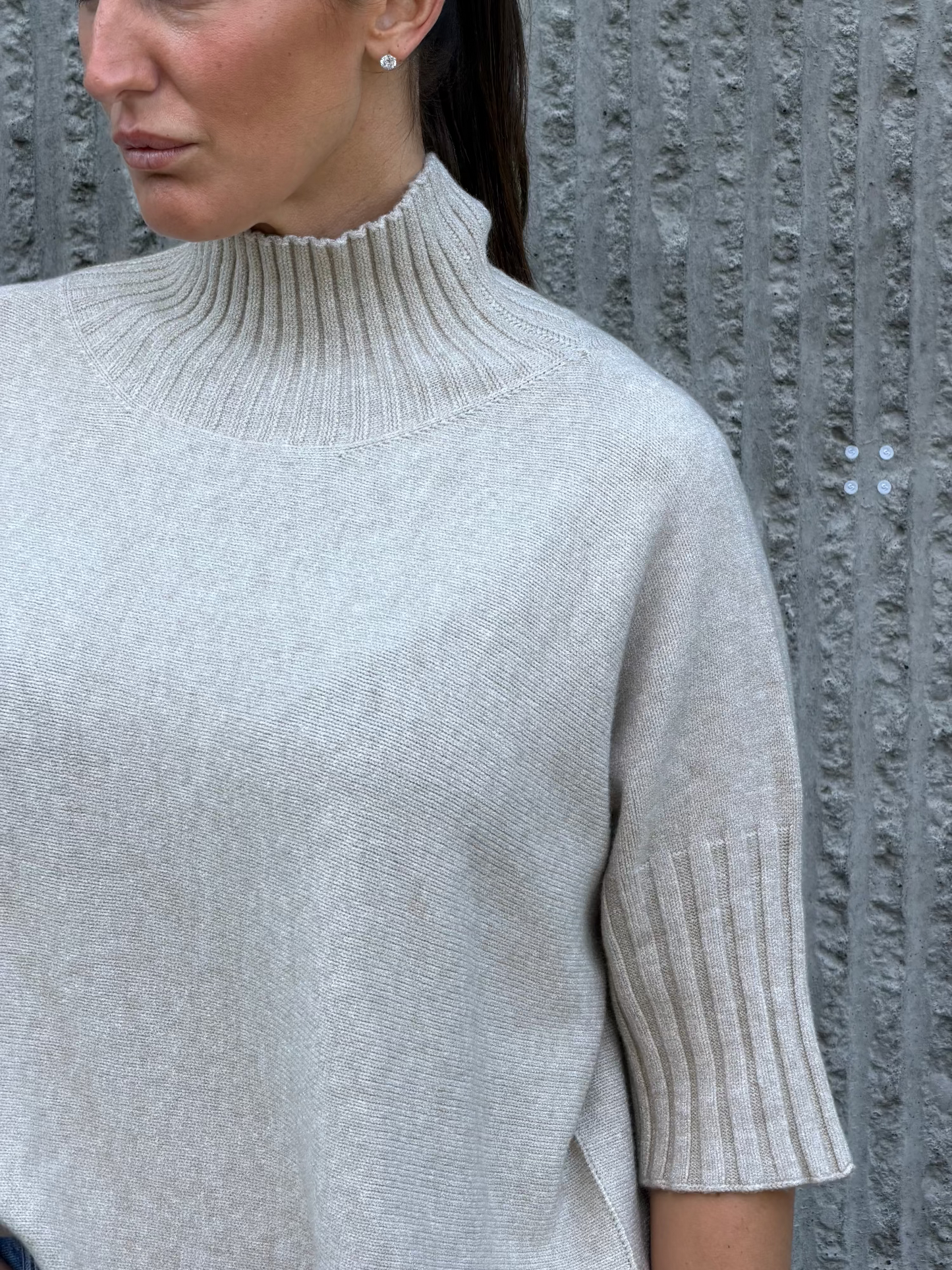 High Neck Knit 3/4 Sleeve- Beige