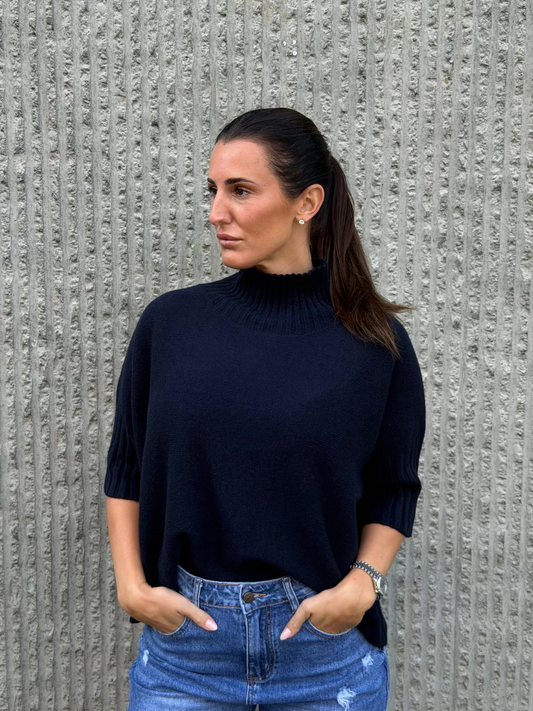 High Neck Knit 3/4 Sleeve- Navy