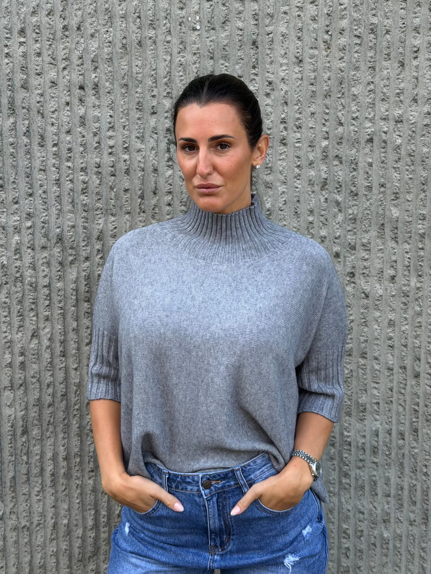 High Neck Knit 3/4 Sleeve- Grey
