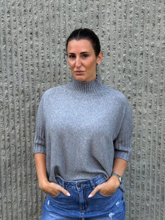 High Neck Knit 3/4 Sleeve- Grey