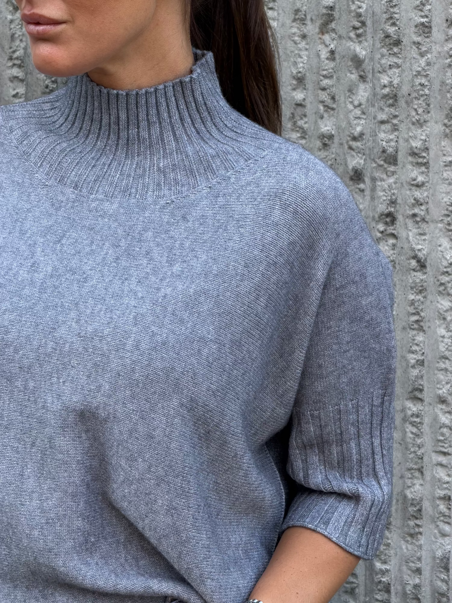 High Neck Knit 3/4 Sleeve- Grey