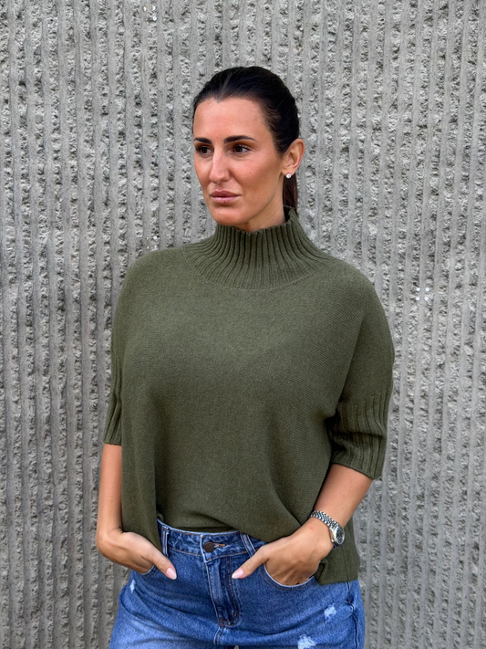 High Neck Knit 3/4 Sleeve- Khaki