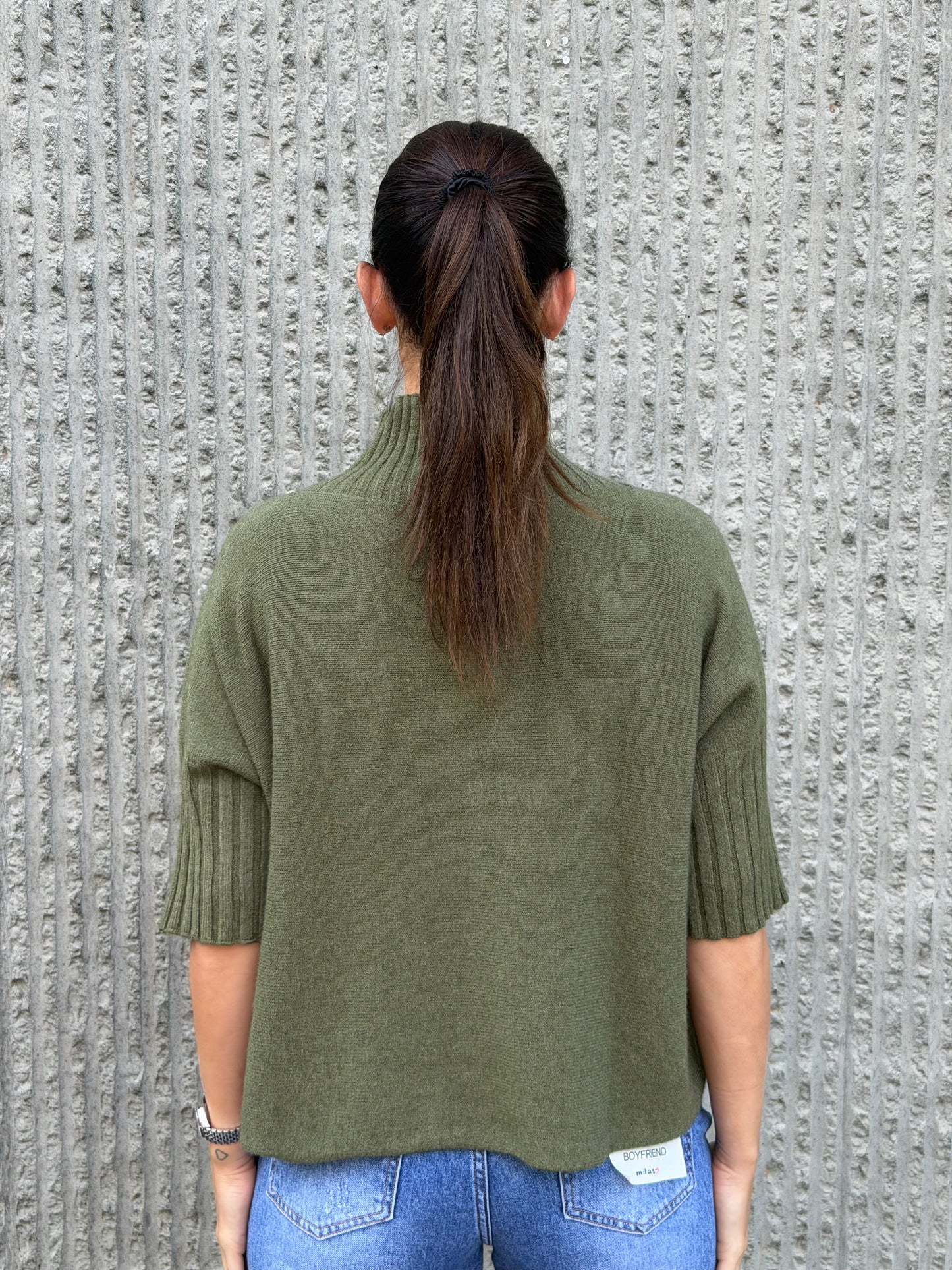 High Neck Knit 3/4 Sleeve- Khaki