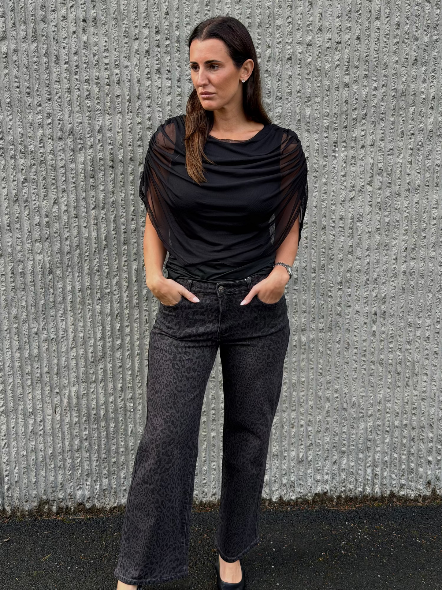 Leopard Wide Leg Jeans – Dark Grey