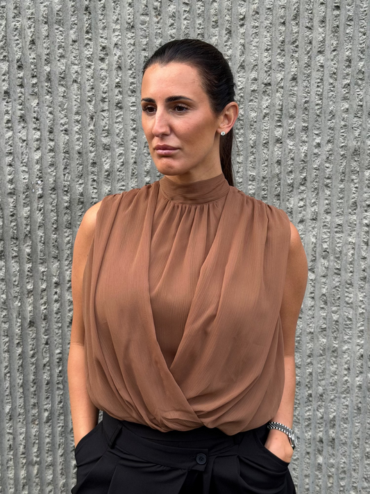Draped Chiffon Top- Brown