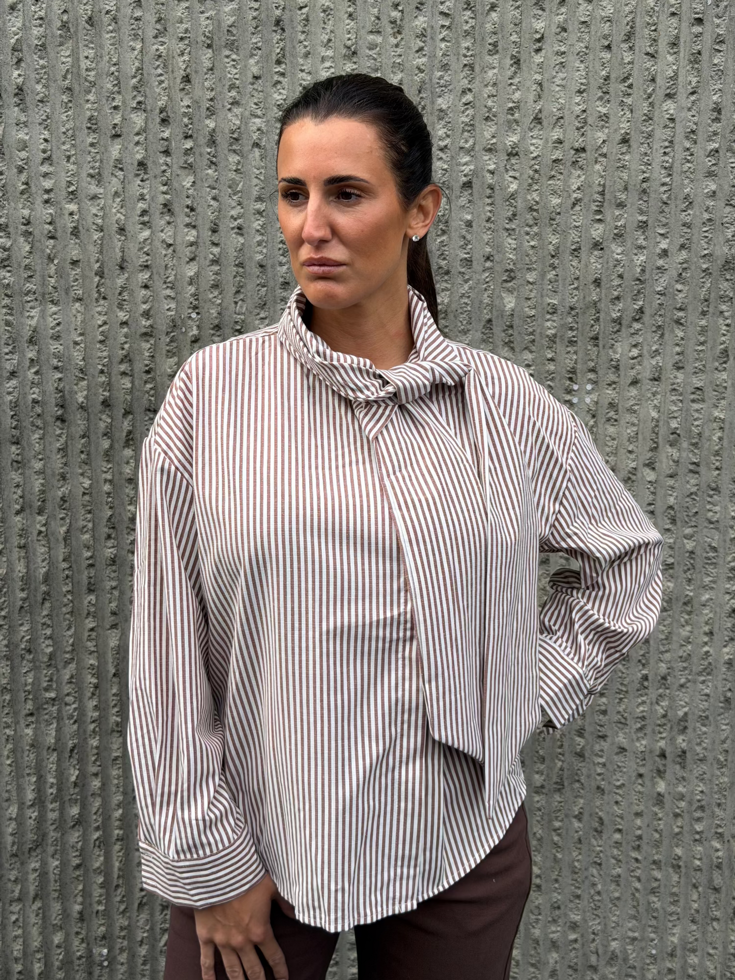 Tie Collar Shirt- Brown Stripe