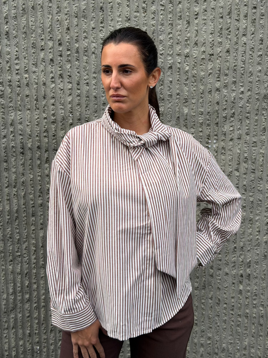 Tie Collar Shirt- Brown Stripe