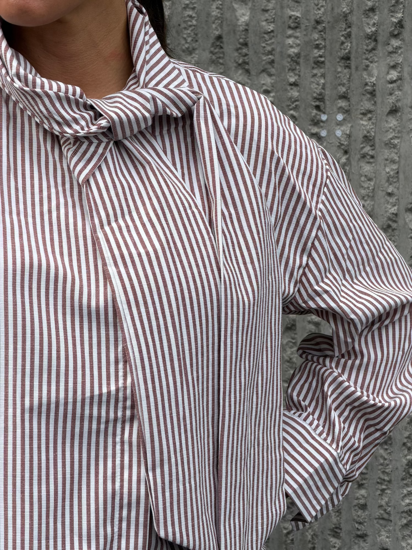 Tie Collar Shirt- Brown Stripe