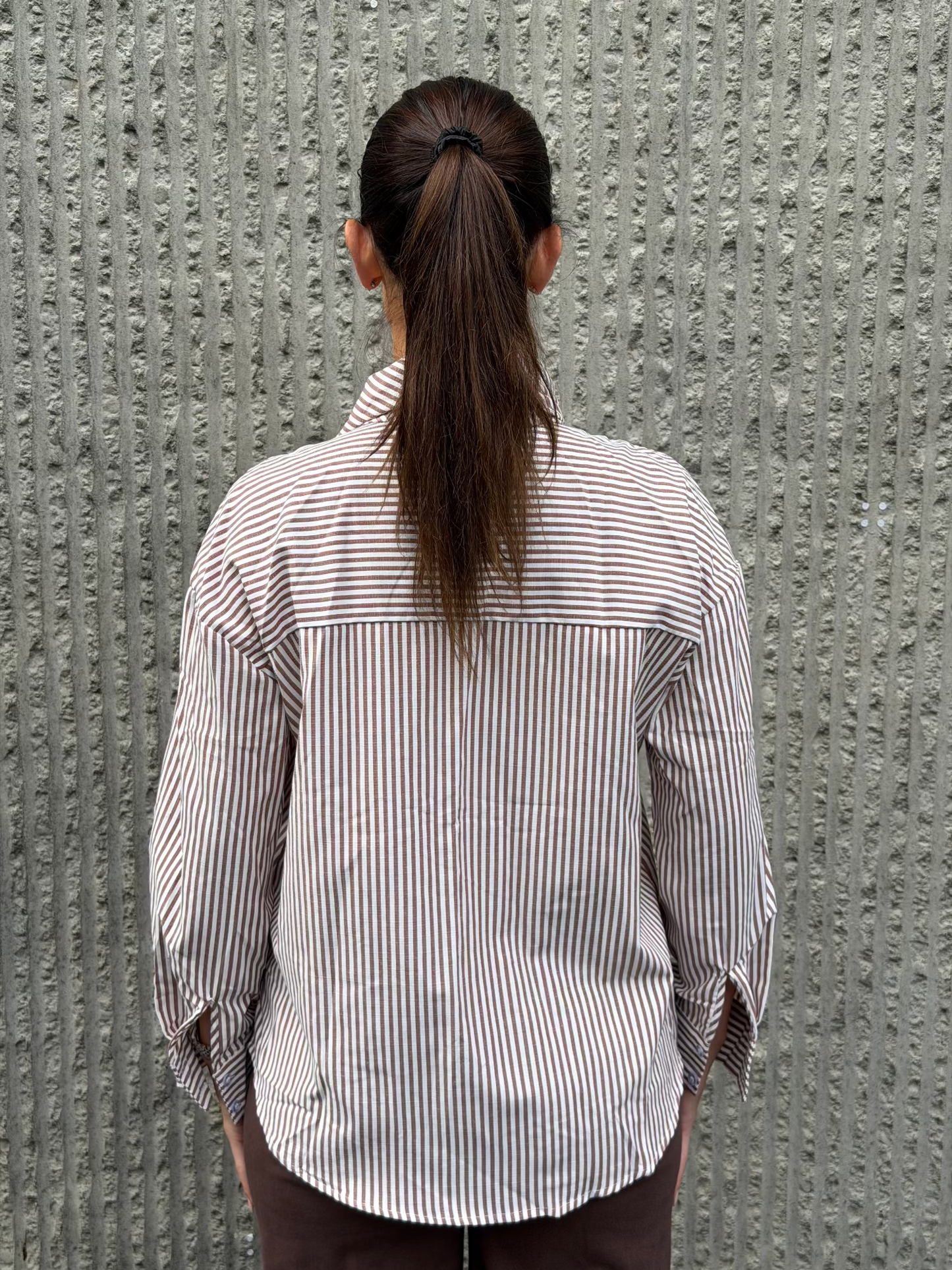 Tie Collar Shirt- Brown Stripe