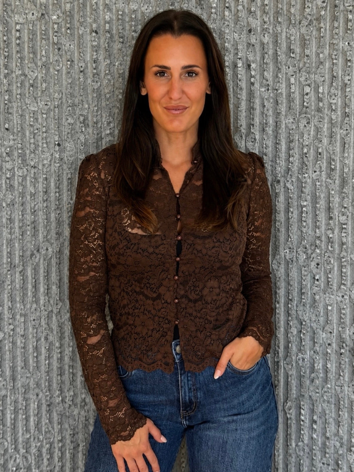Button Lace Top- Chocolate