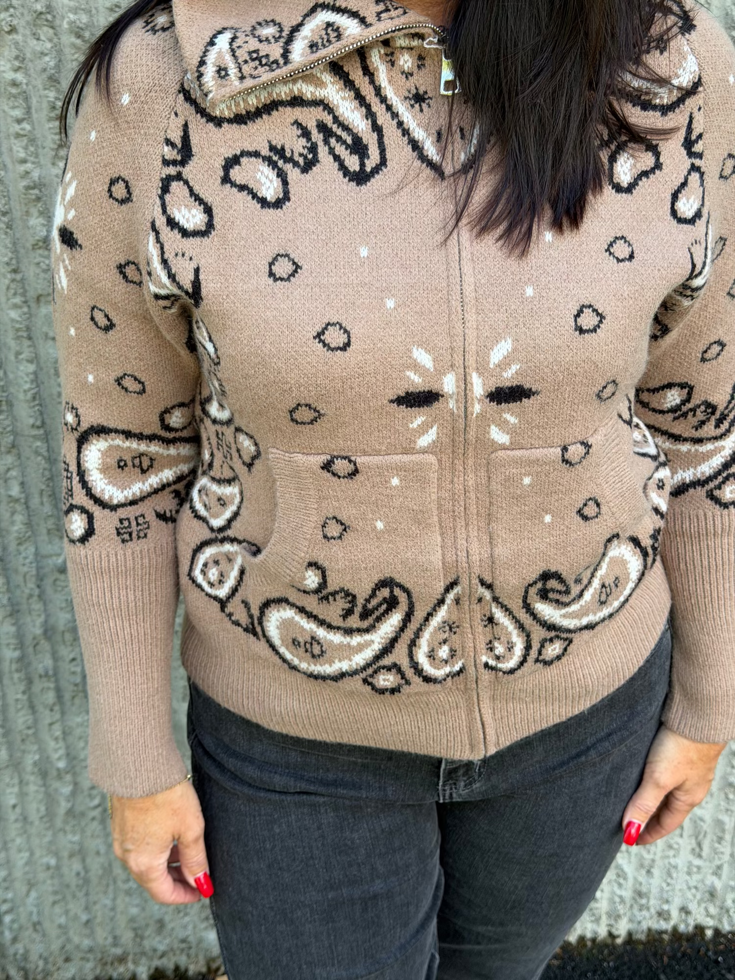 Paisley Zip Cardigan- Taupe